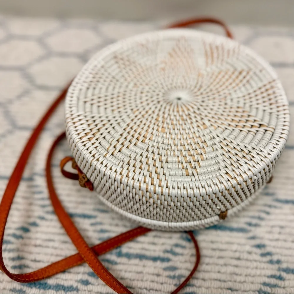 HANDMADE White Woven Boho Rattan Round Crossbody Leather Strap Tropical Lining